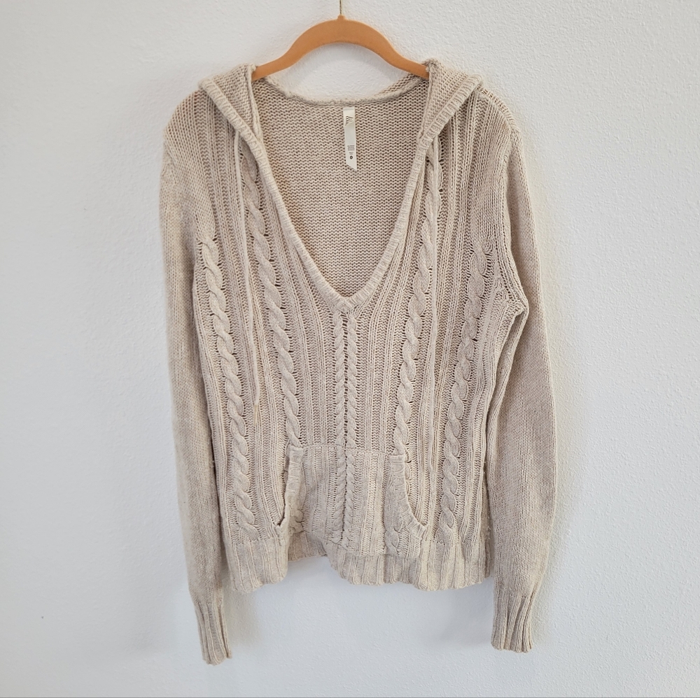 Lilu Hooded Cable Knit Sweater Beige V-Neck Pocket Women’s XL